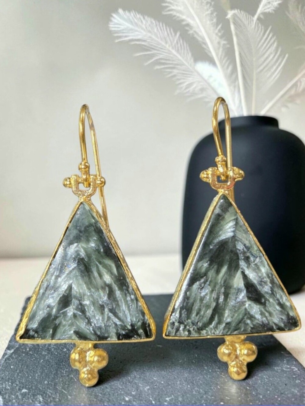 18k Gold Plated Artisan Pyramid Rare Seraphinite Stone Dangle Earrings